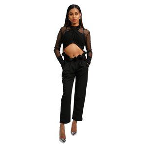 Womens Black Cotton and Polyester Lotus Leaf Pants